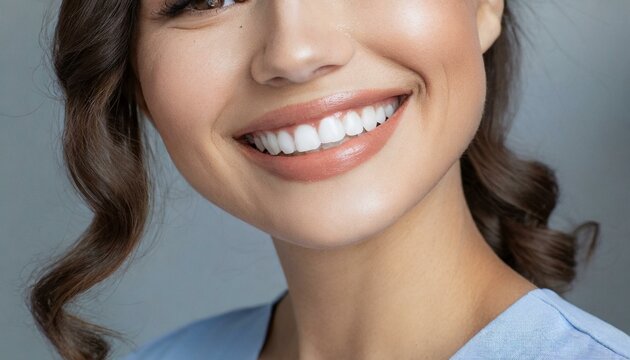 Beautiful woman with smile showcasing white teeth veneers and pecfect smile