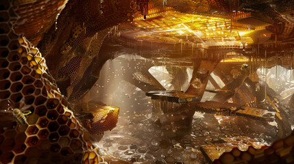  the intricate city-like structure inside a wild beehive - obrazy, fototapety, plakaty