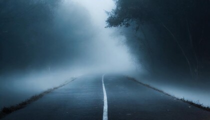 Misty road. Natural scenery with fog. Rainy season.