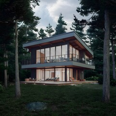 beautiful modern architect house with different floors located in a forest 