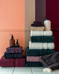 Bathroom Essentials Arranged Harmoniously, Featuring Towels, Natural Soap, and Wooden Accents, Conceptf or Interior Design Showcases, Spa Advertisements, and Homeware Catalogs, Banner, Space for Text