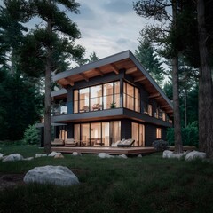 beautiful modern architect house with different floors located in a forest 