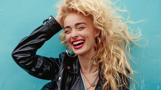 A stylishly dressed blond woman from the 80s, laughing joyfully as she poses confidently like a supermodel