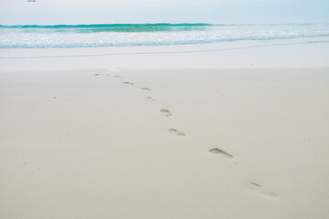 Footprints of human feet on the sand near the water on the beach.