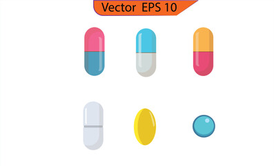 Pill icon set, medicament symbol, medical design element. Capsules for graphics. Mockup. Medical and Healthcare Concept. Top View.