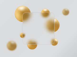 Glass morphism style. Rectangular glass banner or bank card. Cashless payment concept. Realistic glass morphism effect on a light background with golden flying spheres.
