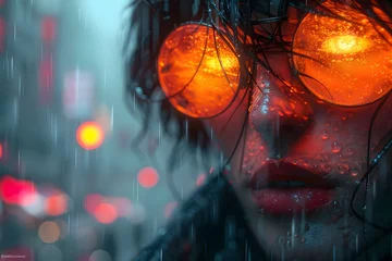 Foto op Plexiglas Rain Soaked Urban Landscape with Ominous Glowing Face Reflection in Neon Lights © Sweet Mango
