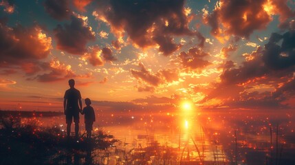 father with child beautiful landscape
