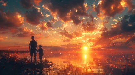 Foto op Plexiglas Warm oranje father with child beautiful landscape