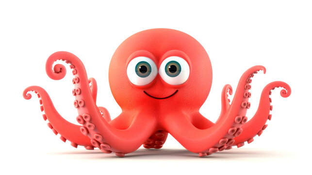 Friendly Red Octopus Cartoon Character with Big Eyes