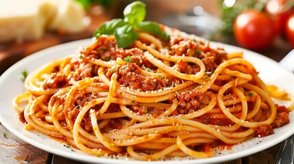 a plate of spaghetti bolognese on white plate