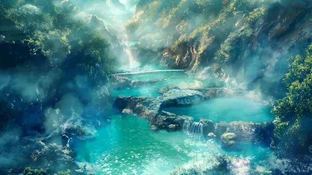 Hot springs, geysers: natural pools amidst steam. Fantasy landscape anime or cartoon style, looping 4k video animation background
