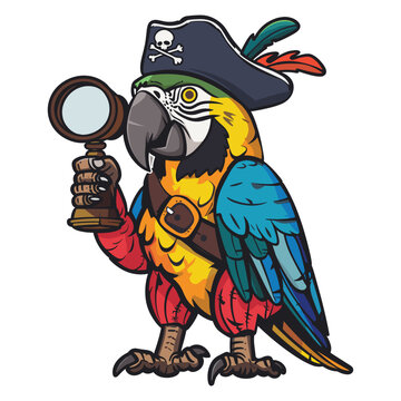 funny parrot with a magnifying glass. Vector illustration: pirate parrot holding spyglass, vibrant colors, crisp lines.