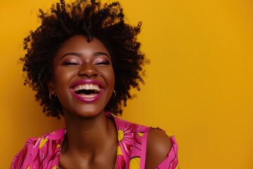 Attractive Young Woman. Beautiful African American Woman Laughing Happily in Colorful Outfit - obrazy, fototapety, plakaty