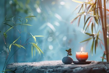 Health and Wellness Background. Zen Spa Still Life with Candles, Bamboo and Tree Branch - obrazy, fototapety, plakaty