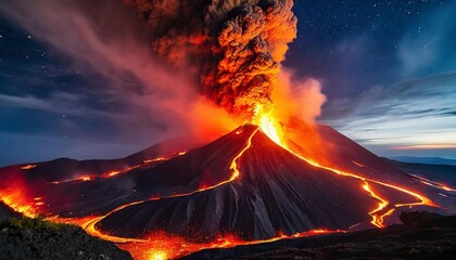 Lava erupting on the surface. Hot orange lava and smoke. Natural disaster