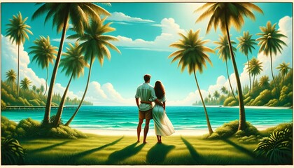 Tropical Beach Romance Serene Landscape Couple - obrazy, fototapety, plakaty