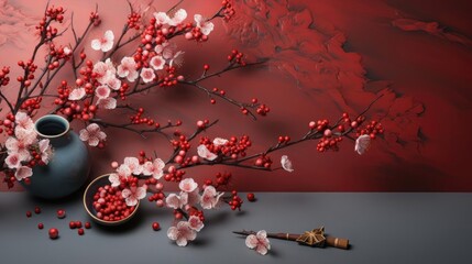 top view of chinese new year background with flower oranament and red background