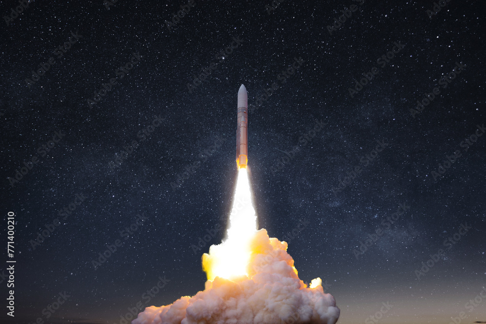 Wall mural rocket launch, ship. concept of business product on a market. spaceship takes off into the starry sk