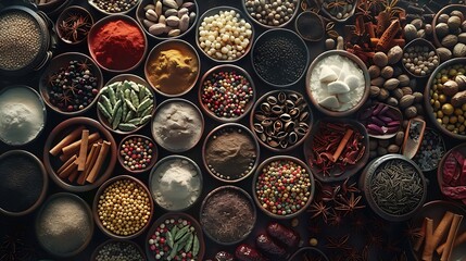 colorful mix of herb and spice varieties: curry, coriander, turmeric, cumin, paprika, pepper, mustard, salt, cardamon, oregano, saffron, cinnamon; food ingridients 