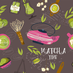 Seamless pattern with green matcha food, drinks, leaves, teapot, tools, mugs, cups. Endless repeatable Japanese texture with healthy organic products, people hands. Color vector pattern for printing.