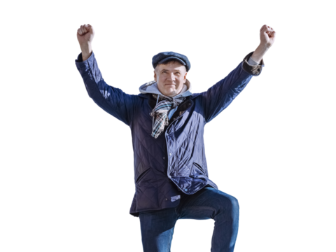 happy man with arms raised