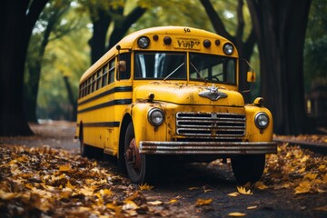 Yellow old School bus on road Generative AI