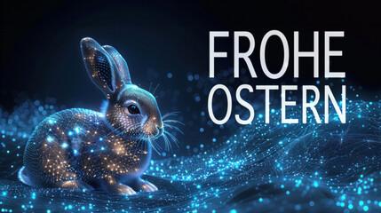 Digital greetings. Futuristic Easter card concept with german text Happy Easter. Cute cyber Easter bunny - 771401899