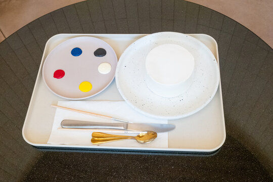 Paint Palette Cake with paints and brushes,child's wood Painting Palette  with multiple colors,Photo of a wooden artists palette