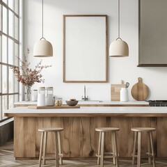 Fototapeta na wymiar mock up poster frame, modern interior background, kitchen,3D render