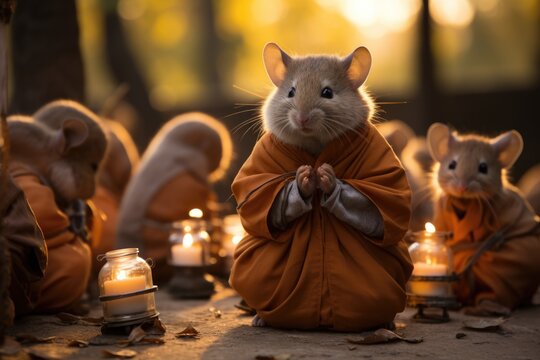 Mouses rats sitting in gurdwara with candles blurred background Generative AI