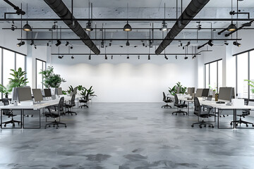 Modern office interior with a white wall mockup and concrete floor. Open space office interior with mock up wall. - obrazy, fototapety, plakaty