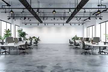 Deurstickers Modern office interior with a white wall mockup and concrete floor. Open space office interior with mock up wall. © jex