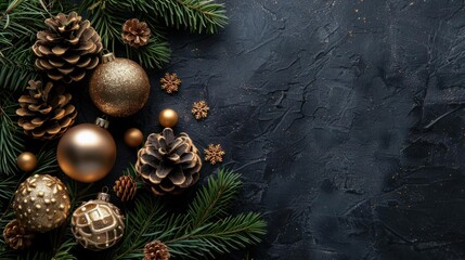 A dark blue background is adorned with pine cones , gold ornaments , and evergreen branches