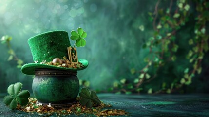 A green leprechaun hat is filled with gold coins and a shamrock