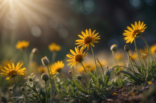Leuchtende Arnika-Bl&uuml;ten im Gegenlicht der Morgensonne auf einer Wiese - Arnica montana