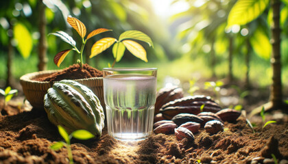 A cocoa plantation with a glass of water alongside fresh cocoa pods and rich cocoa soil, illustrating the water's organic roots. Concept organic farming, natural hydration, farm-to-table