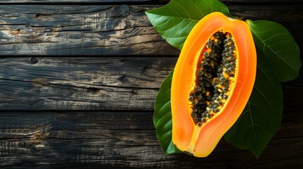 Close up of a fresh Papaya on a rustic wooden Table