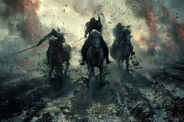 Three men on horses in a battle scene, generative ai - obrazy, fototapety, plakaty