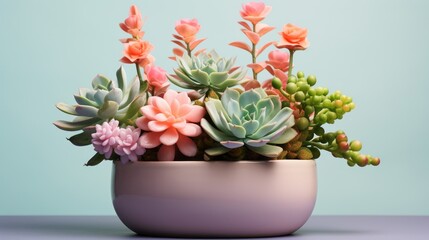 Flowers and plants in a ceramic pot, A succulent plant arrangement in a stylish ceramic pot