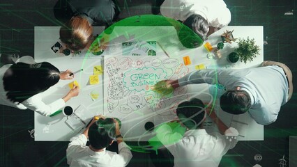 Top view of professional business team working together to brainstorm environmental idea by using...