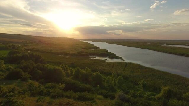 Beautiful aerial view at Gorgeous Sunset in Danube Delta, Beatiful Landscape