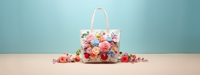 Fashionable floral tote bag, A modern tote bag with a floral watercolor design positioned against a soft pastel background