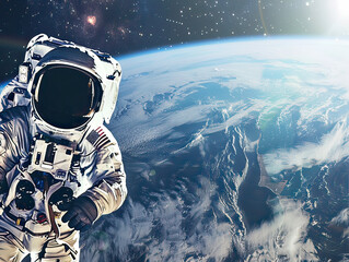 Gaze upon Earth from space, a lone astronaut in the foreground, evoking exploration and wonder, text area clear