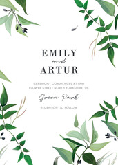 Elegant minimalist greenery garden wedding invite, save the date. Jasmine leaves, vines, branches, berries editable watercolor style vector illustration. Botanical, classy floral frame, natural wreath