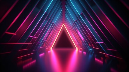 Dark room with neon lights and triangular floor; ideal for futuristic, mysterious, or scifi design projects needing an edgy vibe. - obrazy, fototapety, plakaty