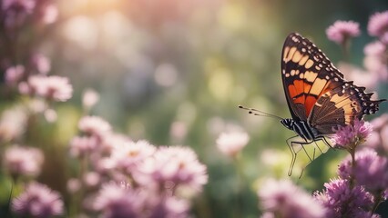 Obraz premium Generative AI. mesmerizing shot of beautiful Butterflies sitting on flowers and sucking nectar, fireflies in bokeh.