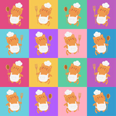 Seamless pattern with funny cats chefs in a hat, with a spoon and fork in their paw. Colorful cartoon character. Vector illustration in flat style on a colorful background. 
