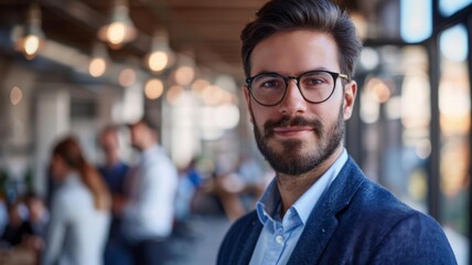 Bearded man with glasses in casual business attire - Relaxed, stylish bearded man with glasses standing in a modern business setting