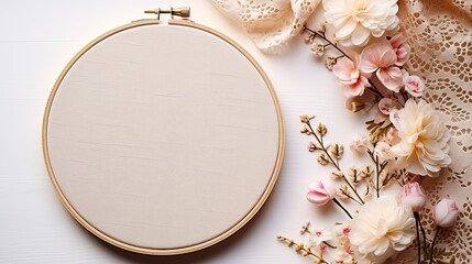 Flat lay blank embroidery hoop on pastel background with flowers